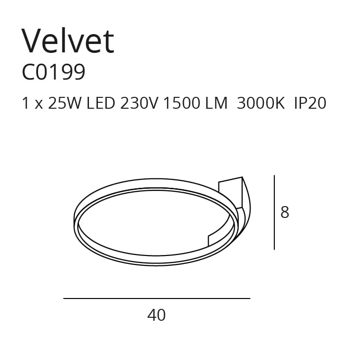 Lampa sufitowa Velvet C0199, 1-punktowa, okrągła, z metalowym mocowaniem. Wymiary: średnica 40 cm, wysokość 8 cm. Źródło światła: 1x25W LED, 1500 LM, 3000K. Klasa IP20, przeznaczona do użytku wewnętrznego.