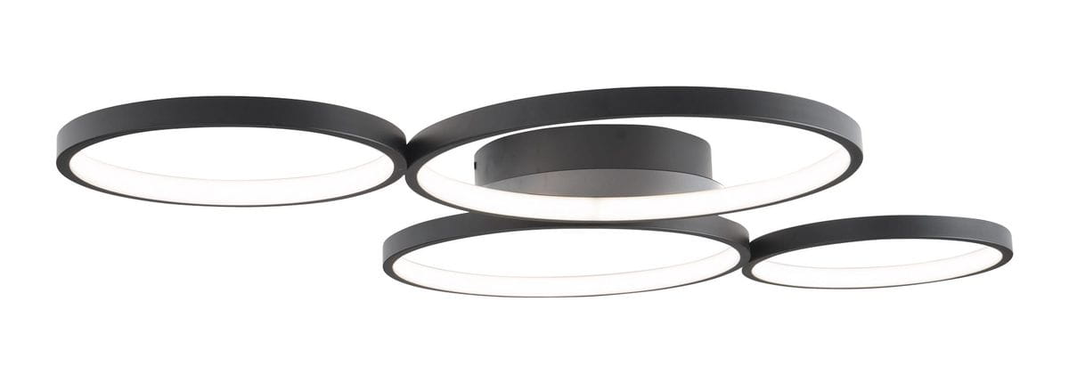 Czarna lampa sufitowa LED Velvet z czterema okrągłymi punktami świetlnymi. Elementy o matowej powierzchni z białymi kloszami, zamontowane na centralnym uchwycie. Lampa zawieszona w pozycji poziomej, w minimalistycznym stylu.
