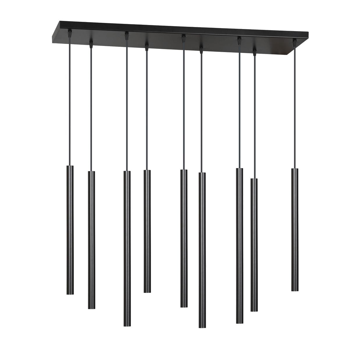 Lampa wisząca Selter 9-punktowa w kolorze czarnym, z prostokątnym stelażem. Składa się z dziewięciu długich cylindrycznych zwisów, zawieszonych na cienkich linkach, idealna do nowoczesnych wnętrz.
