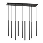 Lampa wisząca Selter 9-punktowa w kolorze czarnym, z prostokątnym stelażem. Składa się z dziewięciu długich cylindrycznych zwisów, zawieszonych na cienkich linkach, idealna do nowoczesnych wnętrz.