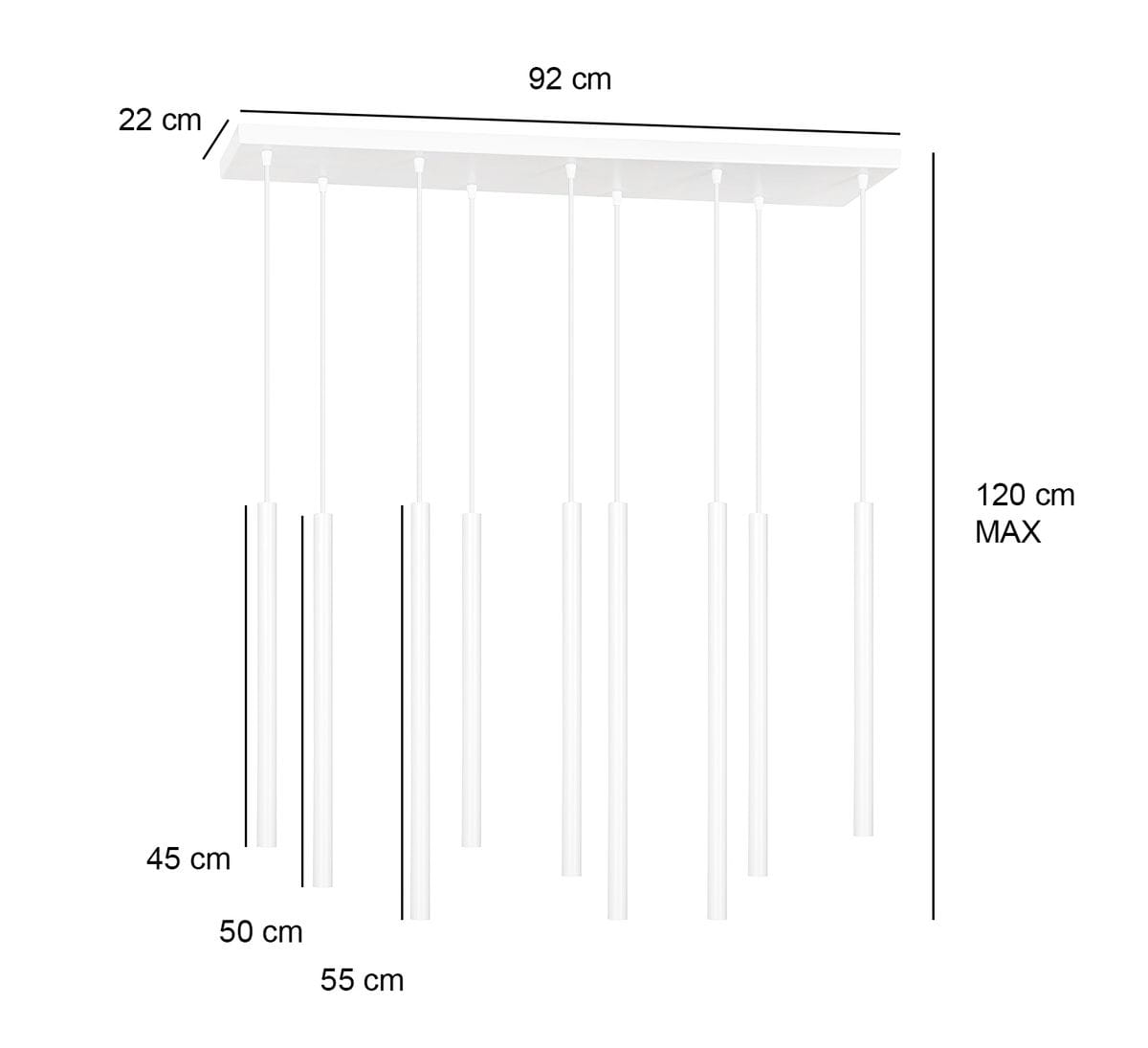 Lampa wisząca Selter 9-punktowa w kolorze czarnym, o prostokątnej podstawie (92 cm x 22 cm), z dziewięcioma długimi, cylindrycznymi kloszami w białym kolorze, zawieszonymi na regulowanych linkach (45 cm, 50 cm, 55 cm). Maksymalna wysokość 120 cm.