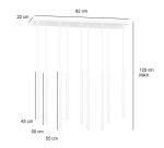 Lampa wisząca Selter 9-punktowa w kolorze czarnym, o prostokątnej podstawie (92 cm x 22 cm), z dziewięcioma długimi, cylindrycznymi kloszami w białym kolorze, zawieszonymi na regulowanych linkach (45 cm, 50 cm, 55 cm). Maksymalna wysokość 120 cm.