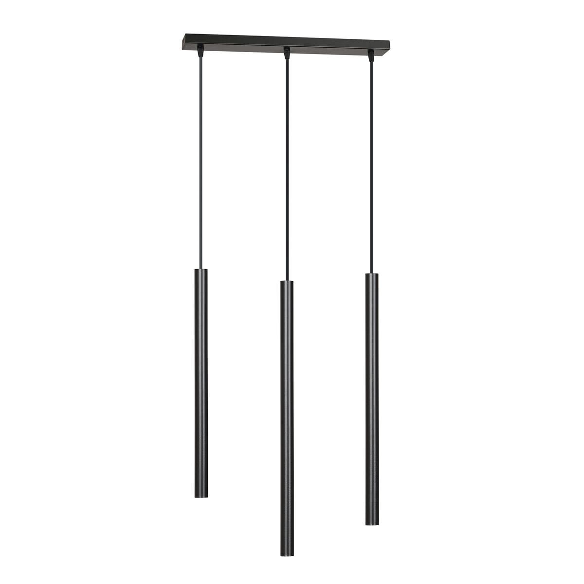 Czarna lampa wisząca Selter 3-punktowa, składająca się z trzech cylindrycznych kloszy zawieszonych na cienkich linkach. Ujęcie frontalne, ukazujące cały produkt na jednolitym tle. Wysoka, minimalistyczna forma idealna do nowoczesnych wnętrz.
