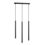 Czarna lampa wisząca Selter 3-punktowa, składająca się z trzech cylindrycznych kloszy zawieszonych na cienkich linkach. Ujęcie frontalne, ukazujące cały produkt na jednolitym tle. Wysoka, minimalistyczna forma idealna do nowoczesnych wnętrz.