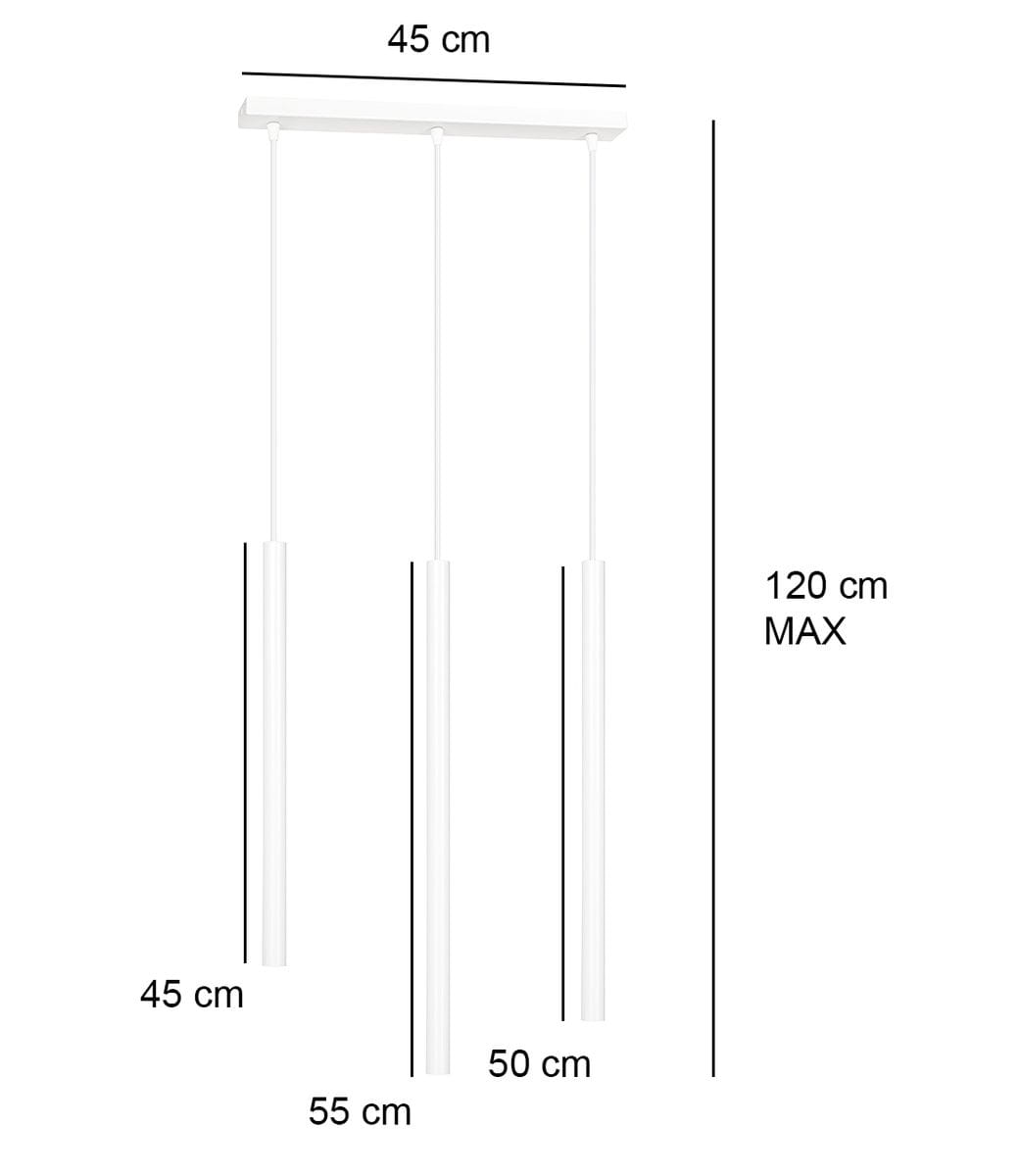 Lampa wisząca Selter 3-punktowa w kolorze czarnym. Posiada trzy cylindryczne źródła światła o długościach 45 cm, 50 cm i 55 cm, zawieszone na cienkich linkach. Maksymalna wysokość to 120 cm. Prosta, nowoczesna konstrukcja.