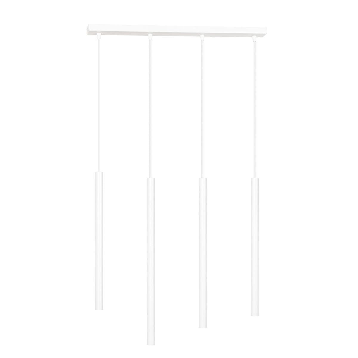 Lampa wisząca Selter 4-punktowa w kolorze białym. Składa się z czterech długich, cylindrycznych kloszy zawieszonych na cienkich linkach, montowanych do prostokątnej podstawy. Minimalistyczny design, idealna do nowoczesnych wnętrz.