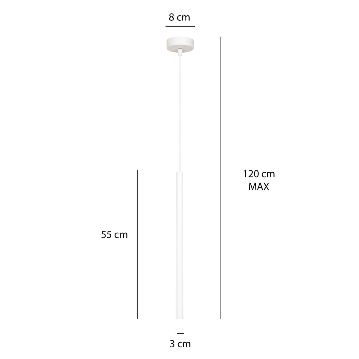 Lampa wisząca Selter 1-punktowa w kolorze białym. Wymiary: wysokość 55 cm, średnica podwieszenia 8 cm, średnica lampy 3 cm. Prosty, minimalistyczny design, idealna do nowoczesnych wnętrz. Zawieszona na długości maks. 120 cm.