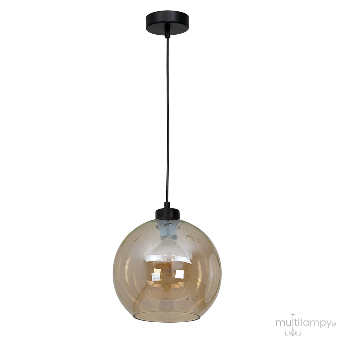 Lampa wisząca Sofia 1-punktowa z przezroczystą kulą w kolorze ambry, zawieszona na czarnym przewodzie. U góry czarna podsufitka. Kształt okrągły, elegancki design, idealna do nowoczesnych wnętrz.