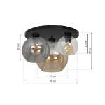 Lampa sufitowa Sofia 3-punktowa z czarnym stelażem. Trzy szklane klosze w różnych kolorach: przezroczystym, szarym i bursztynowym. Wymiary: średnica 40 cm, wysokość 30 cm. Montaż sufitowy, nowoczesny design.