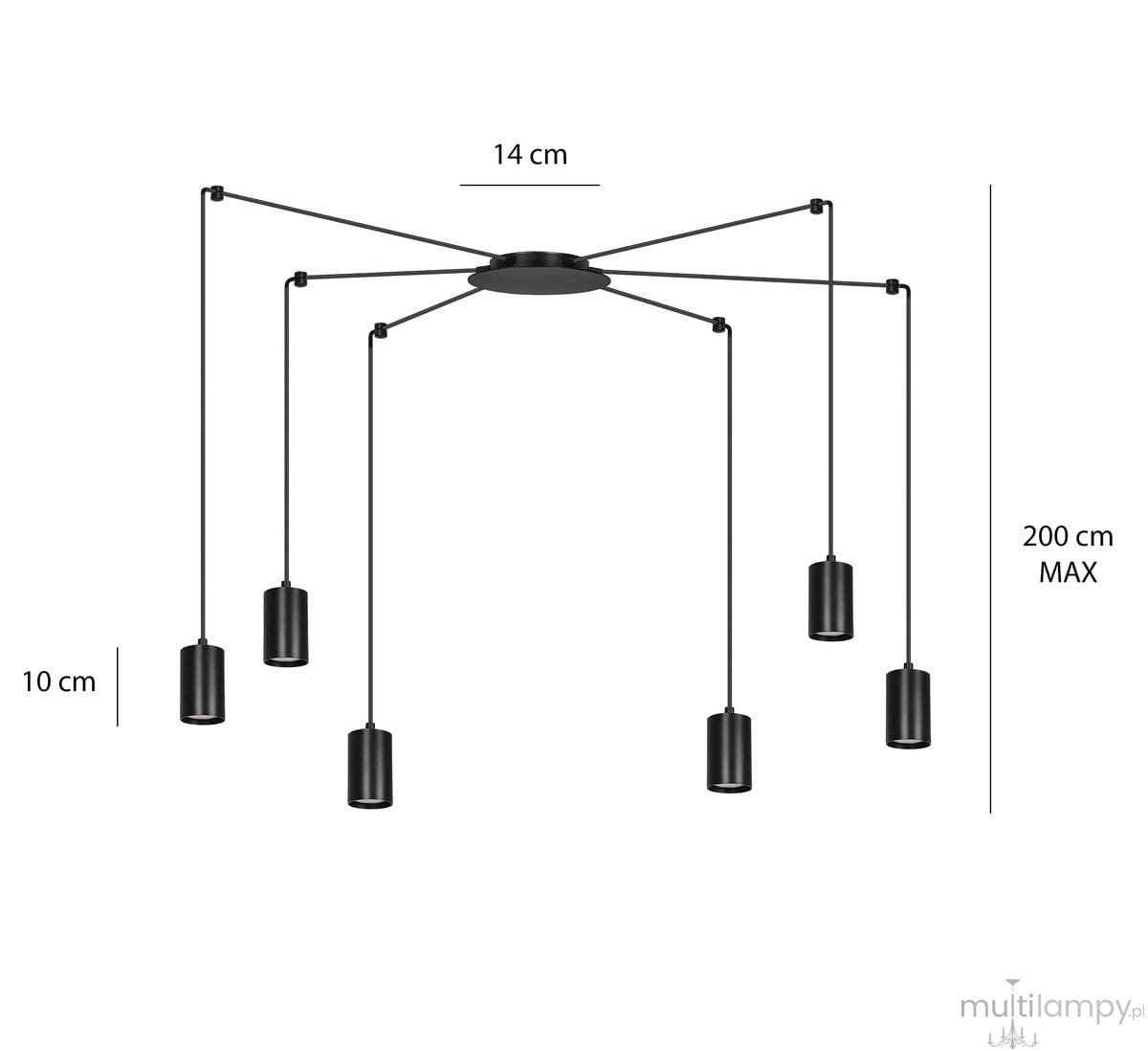 Lampa wisząca Traker 6-punktowa w kolorze czarnym. Składa się z sześciu cylindrycznych kloszy, zawieszonych na cienkich linkach. Uchwyt sufitowy o średnicy 14 cm, maksymalna wysokość 200 cm. Prosty, nowoczesny design.