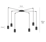 Lampa wisząca Traker 6-punktowa w kolorze czarnym. Składa się z sześciu cylindrycznych kloszy, zawieszonych na cienkich linkach. Uchwyt sufitowy o średnicy 14 cm, maksymalna wysokość 200 cm. Prosty, nowoczesny design.
