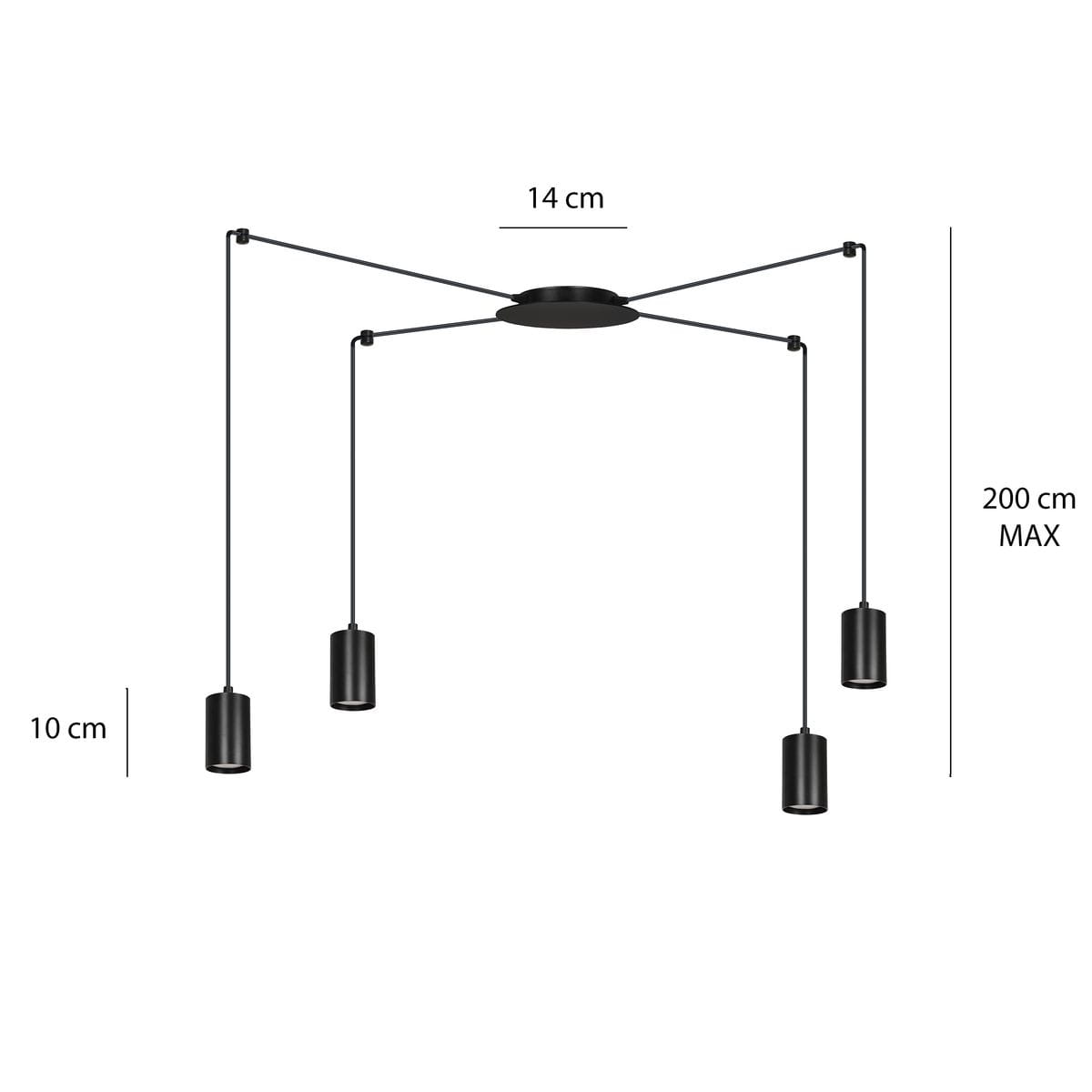 Czarna lampa wisząca 4-punktowa Traker z metalowymi kloszami, zawieszona na cienkich linkach. Średnica mocowania to 14 cm, długość kloszy wynosi 10 cm, a maksymalna wysokość to 200 cm. Prosta, nowoczesna forma idealna do różnych wnętrz.
