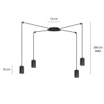 Czarna lampa wisząca 4-punktowa Traker z metalowymi kloszami, zawieszona na cienkich linkach. Średnica mocowania to 14 cm, długość kloszy wynosi 10 cm, a maksymalna wysokość to 200 cm. Prosta, nowoczesna forma idealna do różnych wnętrz.