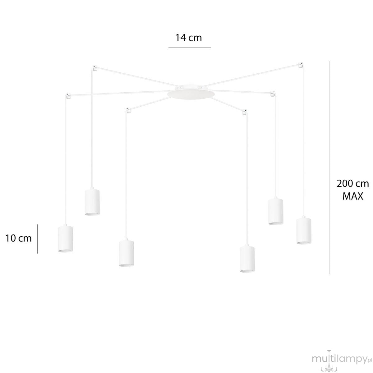 Lampa wisząca Traker 6-punktowa w kolorze białym. Posiada sześć cylindrycznych opraw na żarówki, zawieszonych na długich linkach. Wymiary: średnica 14 cm, długość max 200 cm, wysokość 10 cm. Prosty design idealny do nowoczesnych wnętrz.