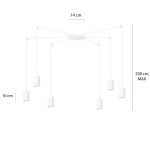 Lampa wisząca Traker 6-punktowa w kolorze białym. Posiada sześć cylindrycznych opraw na żarówki, zawieszonych na długich linkach. Wymiary: średnica 14 cm, długość max 200 cm, wysokość 10 cm. Prosty design idealny do nowoczesnych wnętrz.