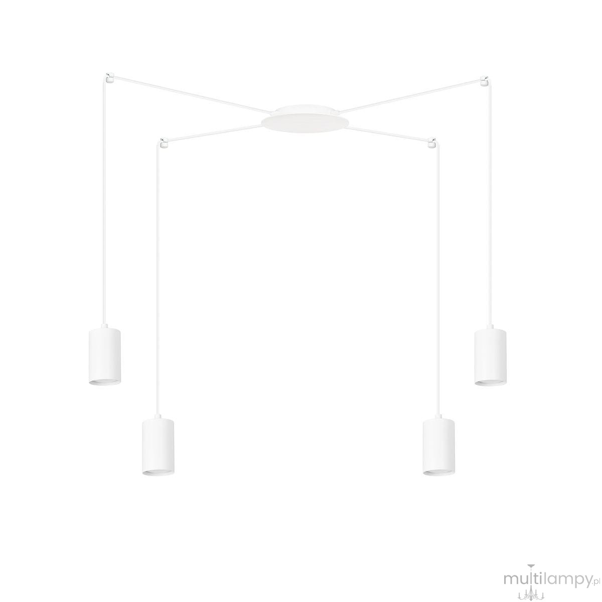 Lampa wisząca Traker 4-punktowa w kolorze białym. Cztery cylindryczne klosze zawieszone na cienkich linkach, od centralnej podstawy o okrągłym kształcie. Prosty design, idealna do nowoczesnych wnętrz.