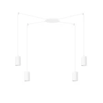 Lampa wisząca Traker 4-punktowa w kolorze białym. Cztery cylindryczne klosze zawieszone na cienkich linkach, od centralnej podstawy o okrągłym kształcie. Prosty design, idealna do nowoczesnych wnętrz.