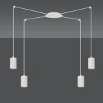 Lampa wisząca Traker 4-punktowa w kolorze białym z okrągłym mocowaniem. Cztery cylindryczne klosze zawieszone na cienkich, białych linkach, równomiernie rozmieszczone, idealna do nowoczesnych wnętrz.