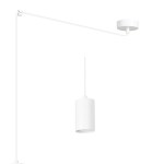Biała lampa wisząca Traker 1-punktowa z cylindrycznym kloszem. Produkt zawieszony na cienkim, białym przewodzie, mocowany do sufitu. Prosty design, idealna do nowoczesnych wnętrz.