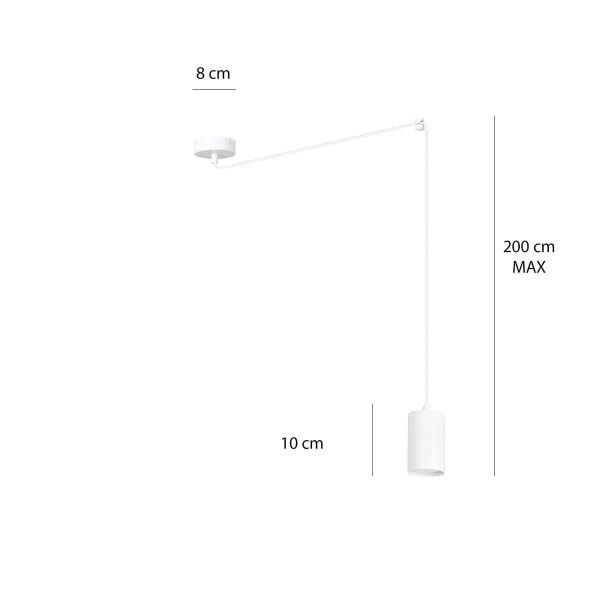 Biała lampa wisząca 1-punktowa Traker, z cylindrycznym kloszem o wysokości 10 cm i szerokości 8 cm, zawieszona na cienkim przewodzie, z maksymalną wysokością 200 cm. Prosty design, idealna do nowoczesnych wnętrz.