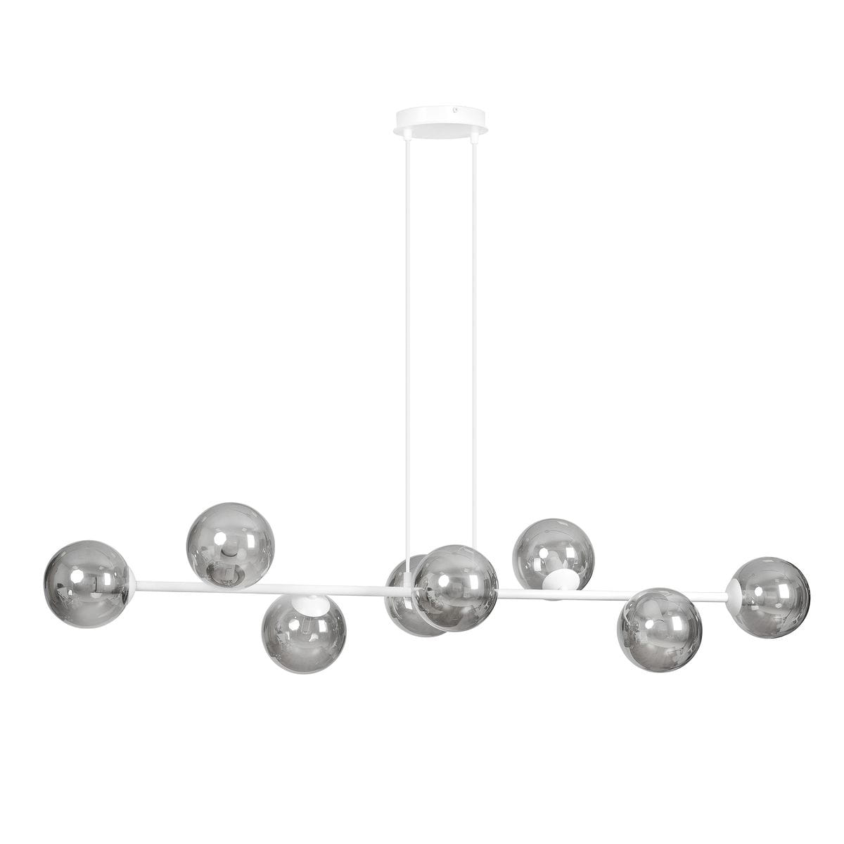 Lampa wisząca Rossi 8-punktowa w kolorze białym i grafitowym, z ośmioma przezroczystymi kulistymi kloszami, zawieszona na białej ramie. Produkt ma minimalistyczny design, idealny do nowoczesnych wnętrz.