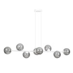 Lampa wisząca Rossi 8-punktowa w kolorze białym i grafitowym, z ośmioma przezroczystymi kulistymi kloszami, zawieszona na białej ramie. Produkt ma minimalistyczny design, idealny do nowoczesnych wnętrz.