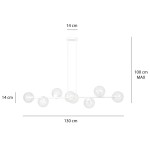 Lampa wisząca Rossi 8-punktowa w kolorze białym i transparentnym, o wymiarach 130 cm długości, 14 cm szerokości i 100 cm maksymalnej wysokości. Składa się z ośmiu okrągłych kloszy umieszczonych na prostokątnej konstrukcji.