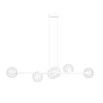 Lampa wisząca Rossi 6-punktowa, biała z transparentnymi kulistymi kloszami. Utrzymana w minimalistycznym stylu, zawieszona na dwóch białych linkach, z okrągłym mocowaniem sufitowym. Idealna do nowoczesnych wnętrz.