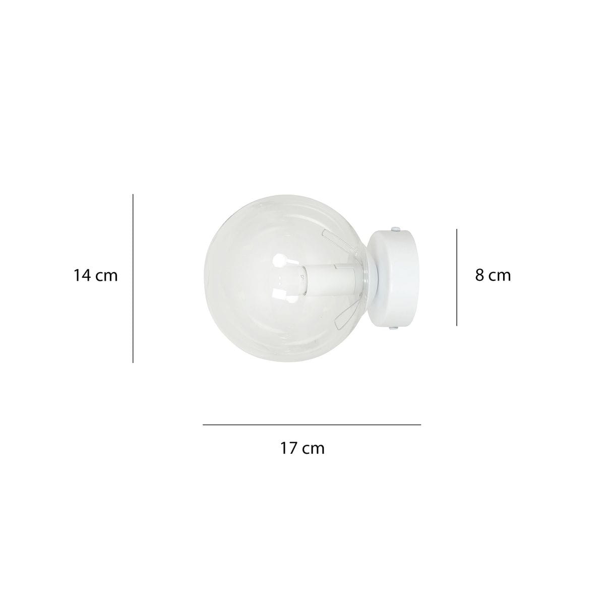 Rossi kinkiet 1-punktowy w kolorze białym i transparentnym, z kulistym kloszem o średnicy 17 cm. Wysokość 14 cm, szerokość podstawy 8 cm. Montowany na ścianie, minimalistyczny design, idealny do nowoczesnych wnętrz.