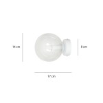 Rossi kinkiet 1-punktowy w kolorze białym i transparentnym, z kulistym kloszem o średnicy 17 cm. Wysokość 14 cm, szerokość podstawy 8 cm. Montowany na ścianie, minimalistyczny design, idealny do nowoczesnych wnętrz.