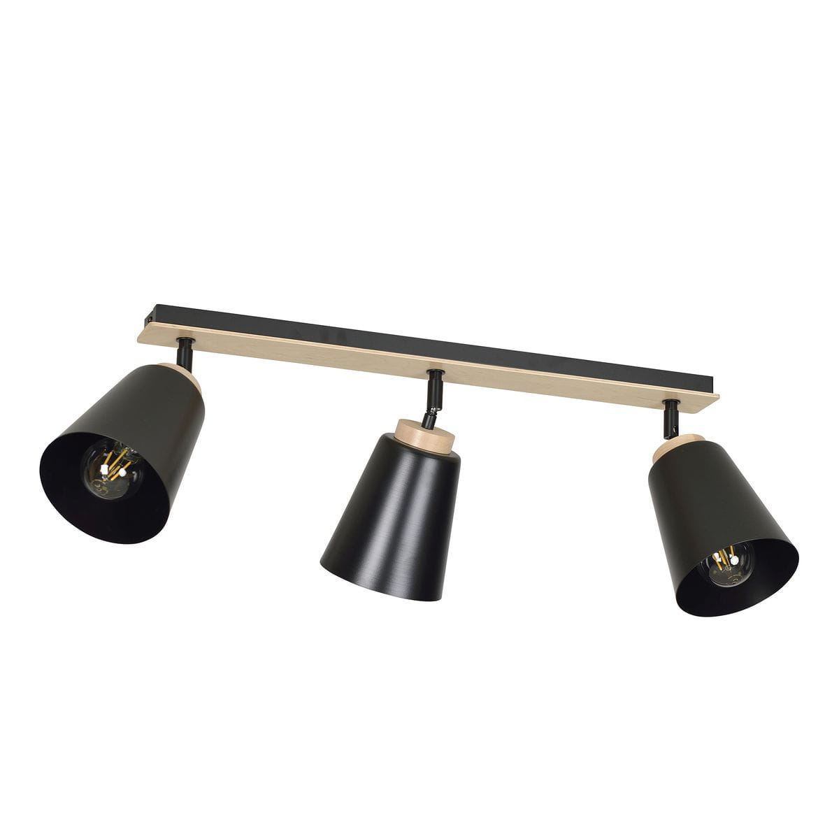 Czarna lampa sufitowa (spot) 3-punktowa Atlas, z metalowymi kloszami w kształcie stożka, montowana na prostokątnej bazie w kolorze drewna. Klasyczny design, idealna do nowoczesnych wnętrz. Ujęcie frontalne, ukazujące wszystkie trzy źródła światła.