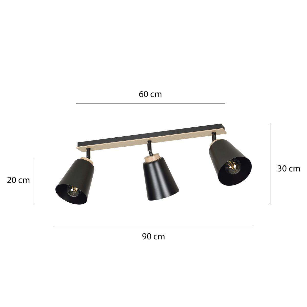 Czarna lampa sufitowa (spot) Atlas z trzema kloszami, zawieszona na metalowej listwie. Wymiary: długość 90 cm, szerokość 60 cm, wysokość 20 cm. Klosze mają cylindryczny kształt, z widocznymi źródłami światła wewnątrz.
