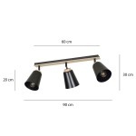 Czarna lampa sufitowa (spot) Atlas z trzema kloszami, zawieszona na metalowej listwie. Wymiary: długość 90 cm, szerokość 60 cm, wysokość 20 cm. Klosze mają cylindryczny kształt, z widocznymi źródłami światła wewnątrz.
