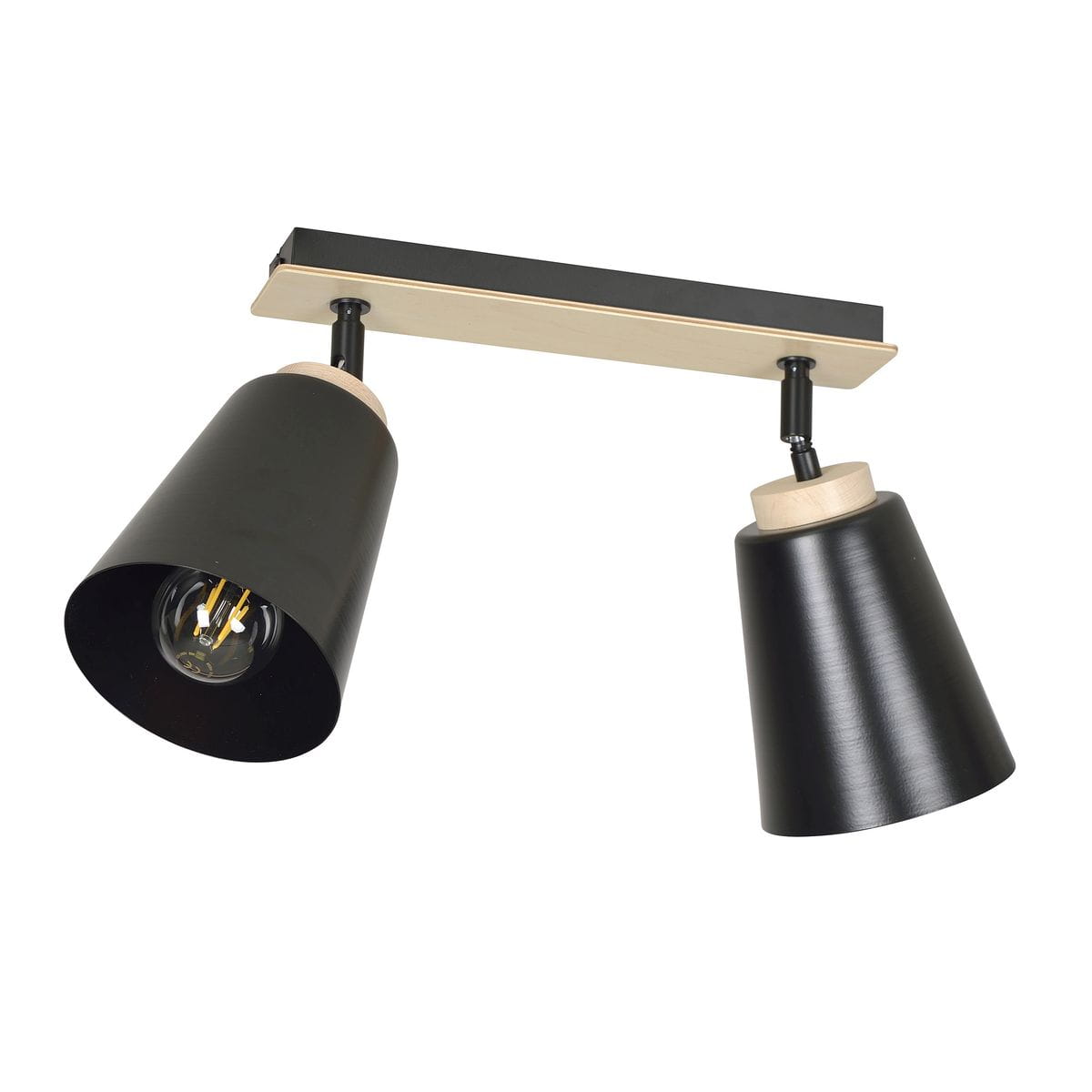 Czarna lampa sufitowa typu spot z dwoma reflektorami. Reflektory o kształcie stożkowym, mocowane na drewnianej podstawie. Widoczna żarówka w każdym reflektorze, elegancki design, idealna do nowoczesnych wnętrz. Ujęcie z dołu, w pełni widoczna konstrukcja.