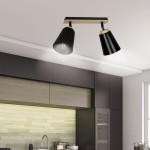 Atlas lampa sufitowa 2-punktowa w kolorze czarnym. Umożliwia regulację kierunku światła, z metalowymi kloszami w kształcie stożków zawieszonymi na prostokątnej podstawie. Montaż sufitowy, idealna do nowoczesnych wnętrz.