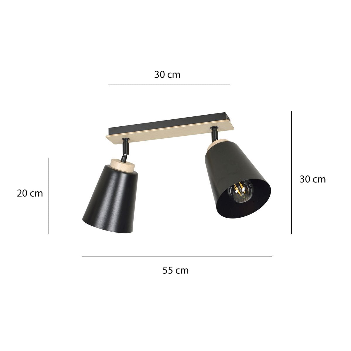 Czarna lampa sufitowa Atlas 2-punktowa z metalowymi kloszami w kształcie stożka. Ułożona na prostokątnej, drewnianej podstawie, wymiary: 55 cm szerokości, 30 cm wysokości, 20 cm głębokości. Klosze regulowane, idealna do nowoczesnych wnętrz.