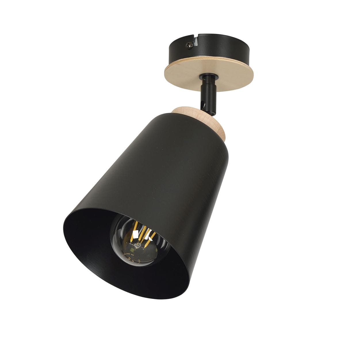 Czarna lampa sufitowa (spot) Atlas 725/1 z metalowym kloszem w kształcie stożka, zawieszona na drewnianym elemencie. Widoczna żarówka w środku. Produkt montowany sufitowo, ukazany z boku, co podkreśla jego prosty, nowoczesny design.