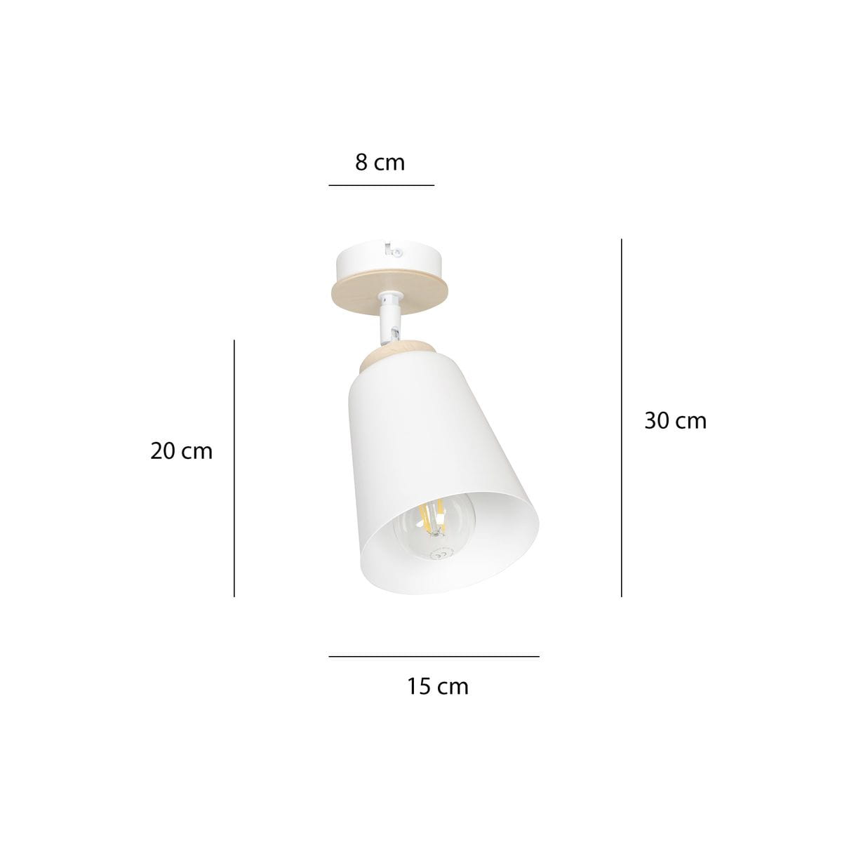 Jednopunktowa lampa sufitowa Atlas w kolorze białym, z cylindrycznym kloszem o średnicy 15 cm i wysokości 20 cm. Montaż na suficie, z widoczną żarówką. Całkowita wysokość wynosi 30 cm, szerokość podstawy 8 cm.
