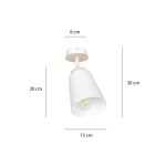 Jednopunktowa lampa sufitowa Atlas w kolorze białym, z cylindrycznym kloszem o średnicy 15 cm i wysokości 20 cm. Montaż na suficie, z widoczną żarówką. Całkowita wysokość wynosi 30 cm, szerokość podstawy 8 cm.