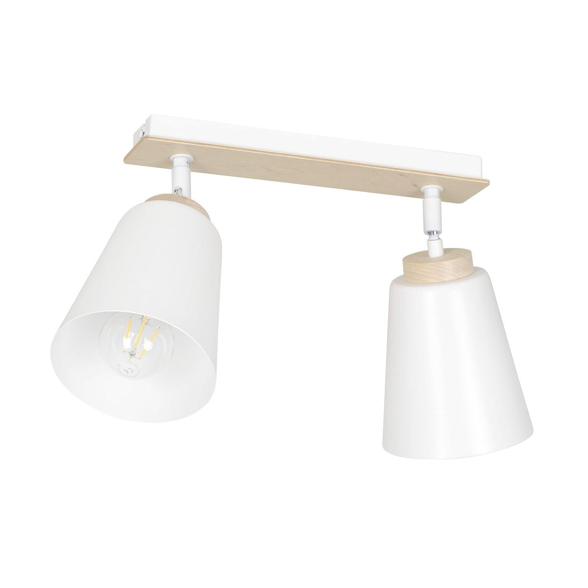 Lampa sufitowa Atlas, 2-punktowa, biała. Składa się z dwóch białych kloszy w kształcie stożków z drewnianymi elementami u góry, zamontowanych na prostokątnej, białej podstawie. Klosze są regulowane, co umożliwia skierowanie światła w różne kierunki.