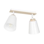 Lampa sufitowa Atlas, 2-punktowa, biała. Składa się z dwóch białych kloszy w kształcie stożków z drewnianymi elementami u góry, zamontowanych na prostokątnej, białej podstawie. Klosze są regulowane, co umożliwia skierowanie światła w różne kierunki.