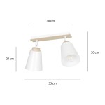 Biała lampa sufitowa (spot) 2-punktowa Atlas z drewnianym uchwytem. Klosze w kształcie stożków, wysokość 20 cm, szerokość 30 cm, długość 55 cm. Montaż sufitowy, frontalne ujęcie. Idealna do nowoczesnych wnętrz.