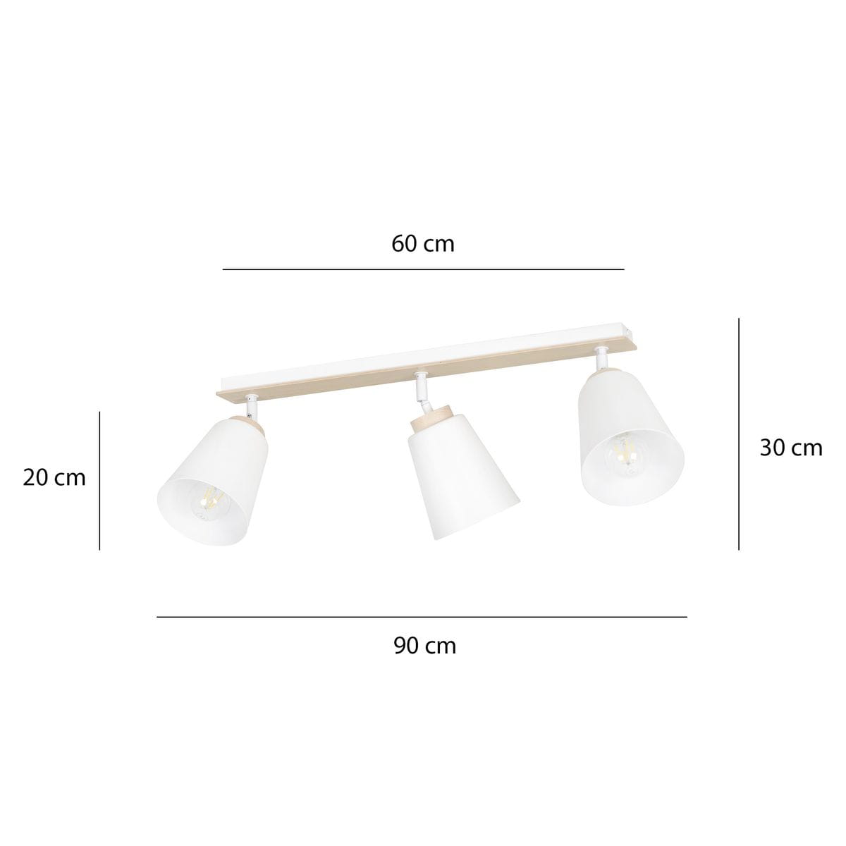 Biała lampa sufitowa typu spot Atlas, 3-punktowa, z kloszami w kształcie stożków. Wymiary: długość 90 cm, szerokość 60 cm, wysokość 30 cm. Prosty design z metalowym mocowaniem, idealna do nowoczesnych wnętrz.