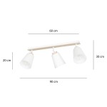 Biała lampa sufitowa typu spot Atlas, 3-punktowa, z kloszami w kształcie stożków. Wymiary: długość 90 cm, szerokość 60 cm, wysokość 30 cm. Prosty design z metalowym mocowaniem, idealna do nowoczesnych wnętrz.