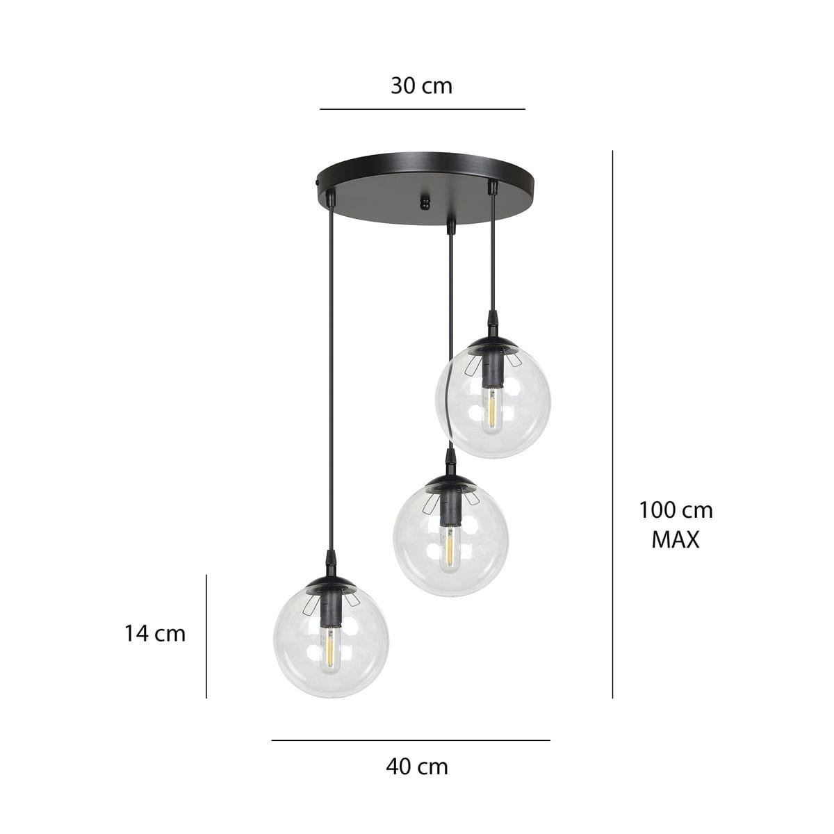 Lampa wisząca Cosmo Premium 3-punktowa, transparentna. Składa się z trzech szklanych kul o średnicy 14 cm, zawieszonych na czarnych linkach, z metalowym stelażem o średnicy 30 cm. Długość zawieszenia do 100 cm.