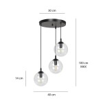 Lampa wisząca Cosmo Premium 3-punktowa, transparentna. Składa się z trzech szklanych kul o średnicy 14 cm, zawieszonych na czarnych linkach, z metalowym stelażem o średnicy 30 cm. Długość zawieszenia do 100 cm.