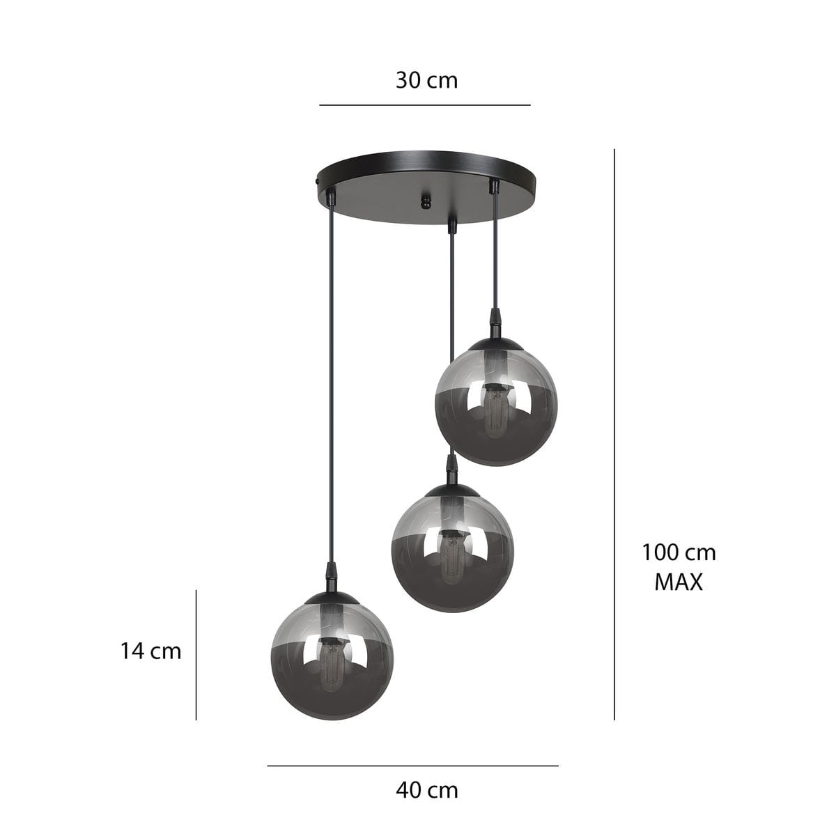 Lampa wisząca Cosmo Premium w kolorze grafitowym, z trzema szklanymi kulami o średnicy 14 cm, zawieszonymi na czarnych linkach. Szerokość podstawy wynosi 30 cm, a maksymalna długość to 100 cm, idealna do nowoczesnych wnętrz.