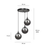 Lampa wisząca Cosmo Premium w kolorze grafitowym, z trzema szklanymi kulami o średnicy 14 cm, zawieszonymi na czarnych linkach. Szerokość podstawy wynosi 30 cm, a maksymalna długość to 100 cm, idealna do nowoczesnych wnętrz.