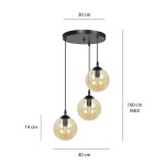 Lampa wisząca Cosmo Premium 3-punktowa w miodowym kolorze. Trzy szklane klosze w kształcie kul, zamontowane na czarnej podstawie. Wymiary: średnica 30 cm, wysokość 14 cm, maksymalna długość zwisu 100 cm.
