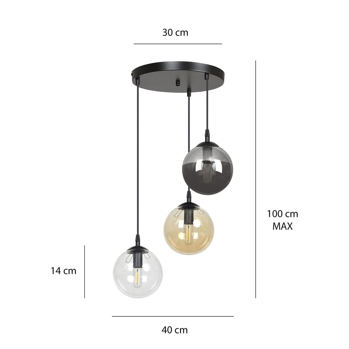Lampa wisząca Cosmo Premium 3-punktowa w multikolorze. Składa się z trzech szklanych kloszy: przezroczystego, dymionego i złotego, zawieszonych na czarnych przewodach. Średnica podstawy 30 cm, maksymalna wysokość 100 cm. Idealna do nowoczesnych wnętrz.